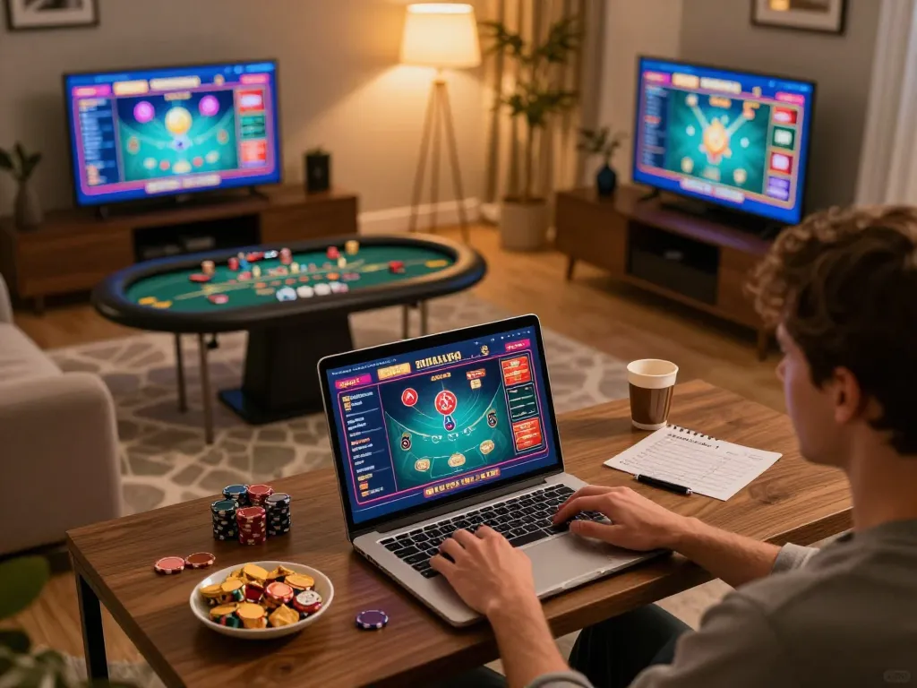 Engaged player at home enjoying game bài đổi thưởng uy tín on a laptop with snacks and strategy notes.