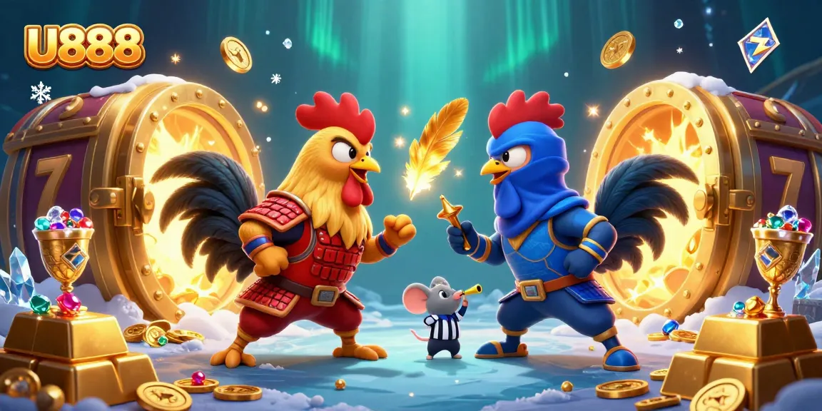 U888 showcases twin roosters in a dynamic gambling standoff with rich treasure elements around.