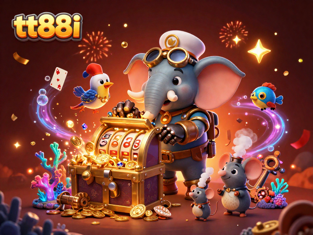 Join the thrilling gaming adventure with tt88i's steampunk engineer at a golden slot machine surrounded by treasure.