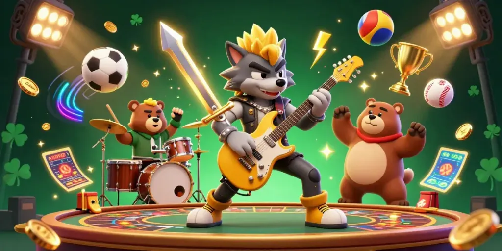 Experience vibrant action in 33win with a rock star wolf and drummer bear on a dynamic casino stage.