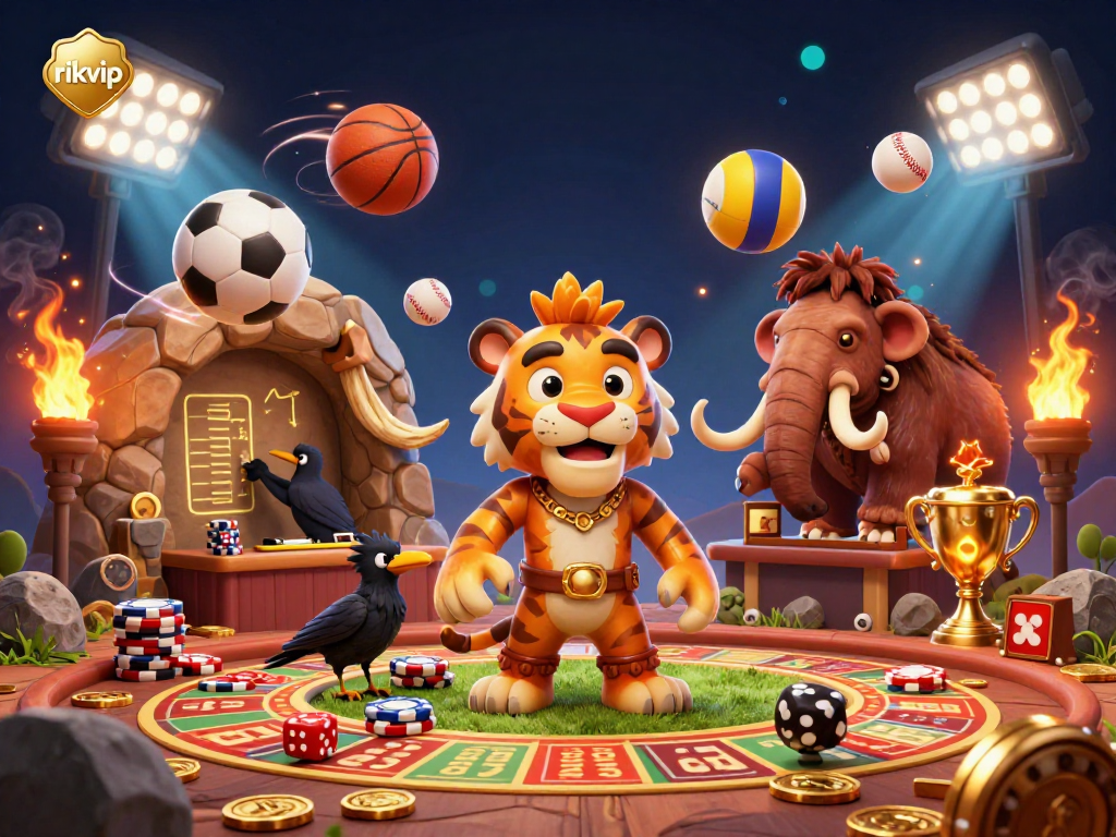Engage with rikvip at a vibrant prehistoric casino featuring sports betting elements and dynamic characters.