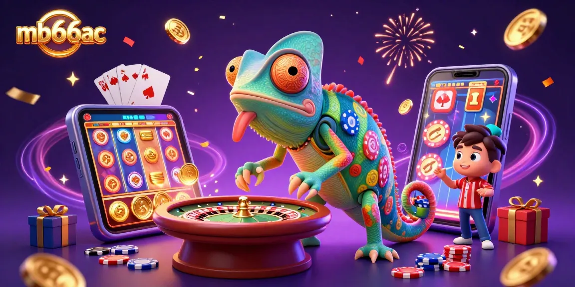 Experience vibrant action with mb66ac's animated chameleon owner and colorful casino game elements.