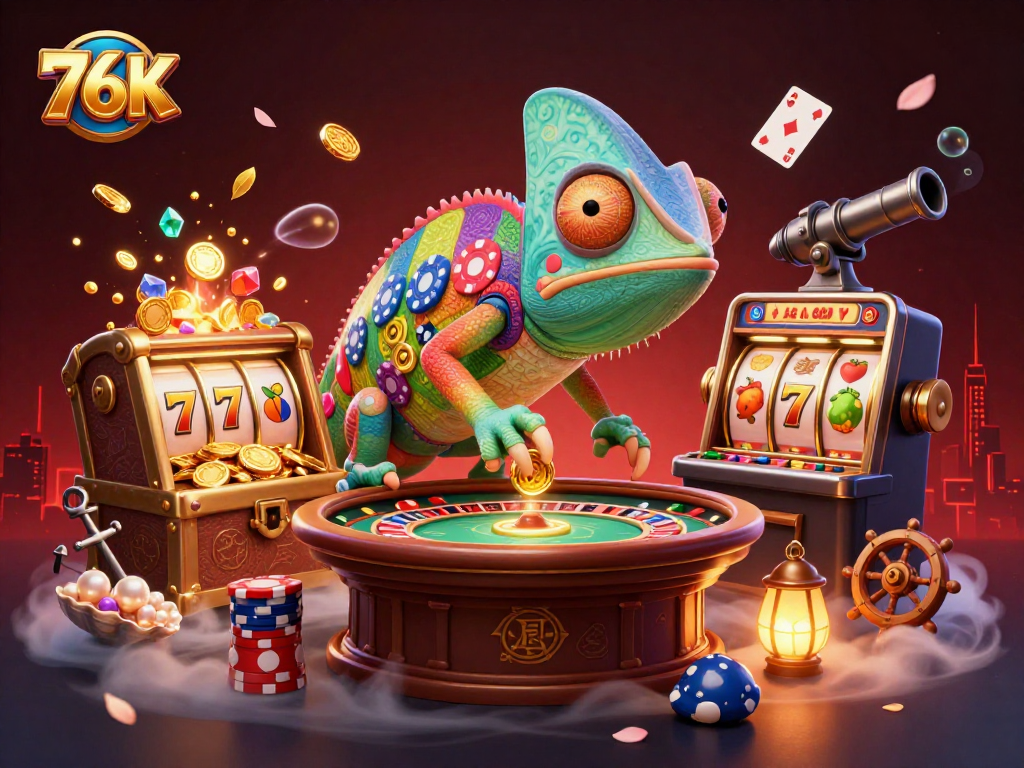 76K apresenta a cena vibrante do cassino com chameleon colecionando moedas douradas.