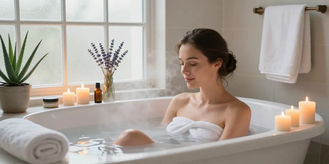 Relaxing herbal bath for confort urinaire femme, showcasing self-care elements and soothing atmosphere.