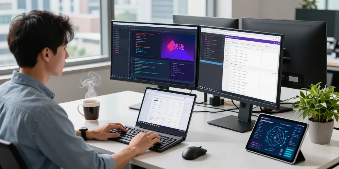 快连 application showcased on a modern workspace with coding tools and city view, highlighting performance.