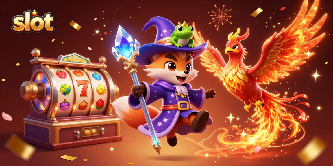 Engage in thrilling slots gameplay with a mystical fox wizard and phoenix in this vibrant illustration.