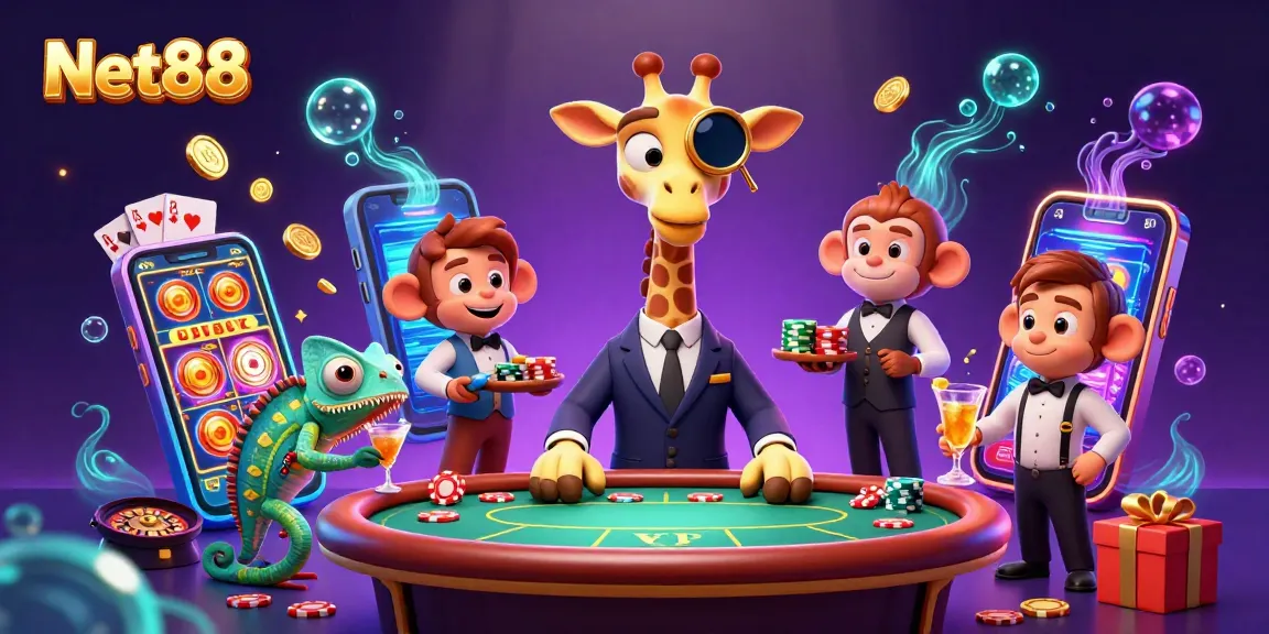 Engage in thrilling casino action with Net88's vibrant illustration featuring high-roller giraffe at a poker table.