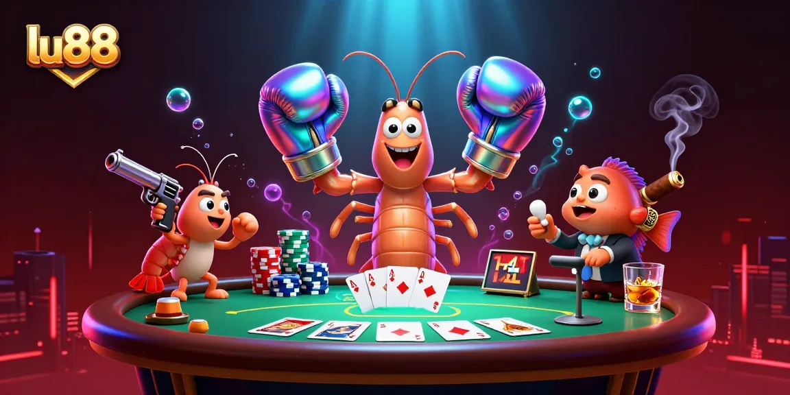 Experience thrilling poker action with lu88's vibrant 3D illustration featuring colorful characters.