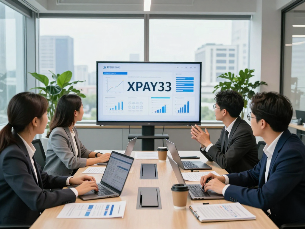 Team collaborating on XPAY33 financial technology strategies in a modern office