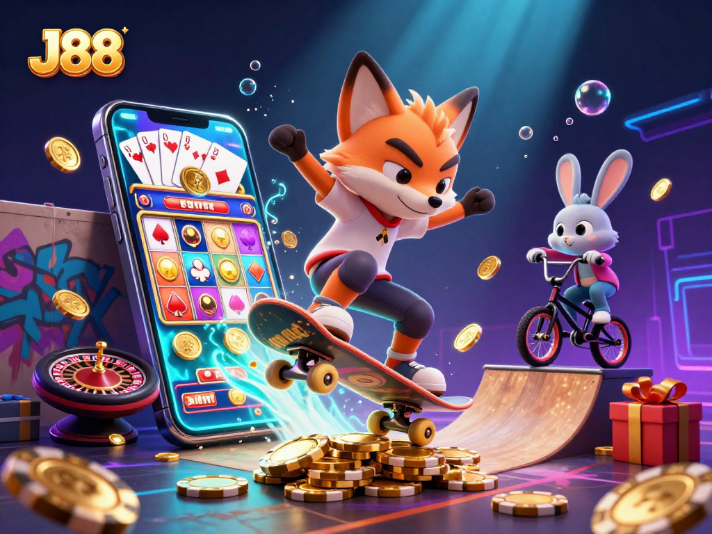 J88 engages players with vibrant slot games and exciting bets during a captivating 3D illustration.