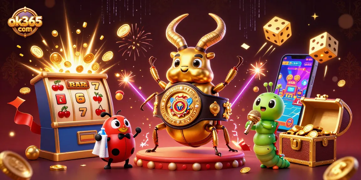 Experience excitement at ok365 com with a giant stag beetle and game elements in a vibrant casino scene.