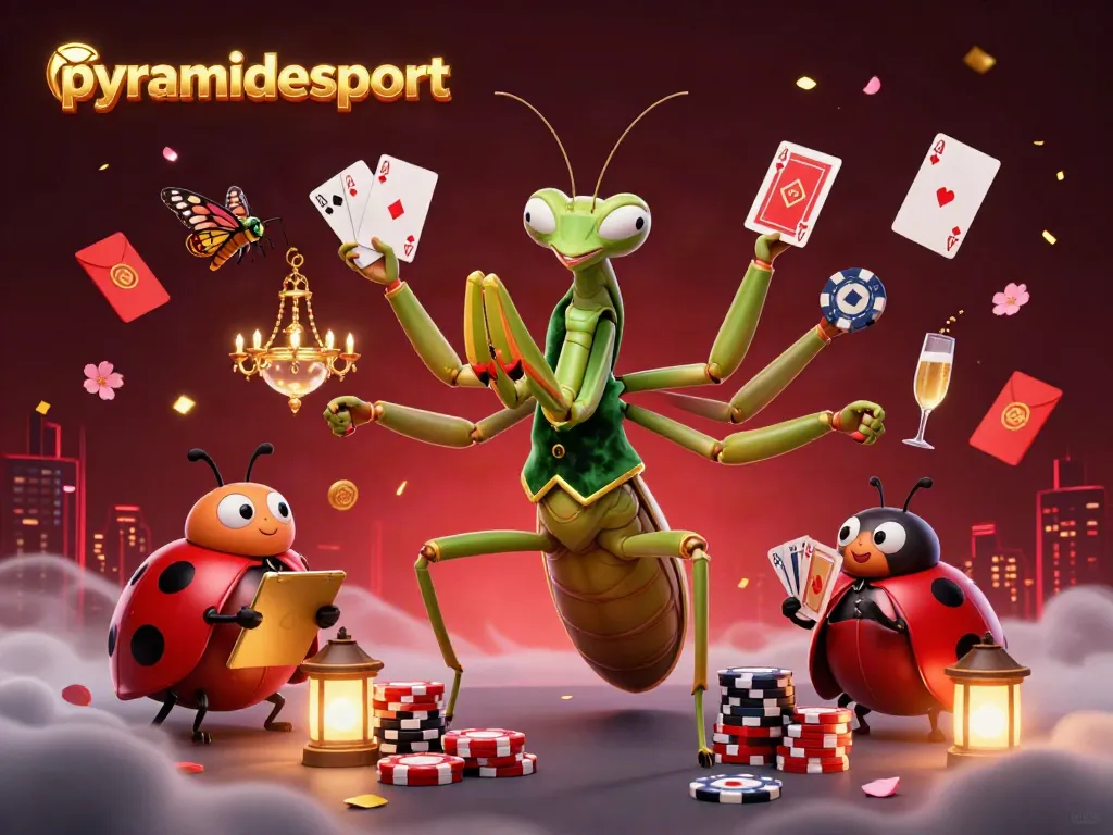 Experience the vibrant energy of pyramidesport with a lively casino scene featuring a colorful giant mantis and ladybug characters.