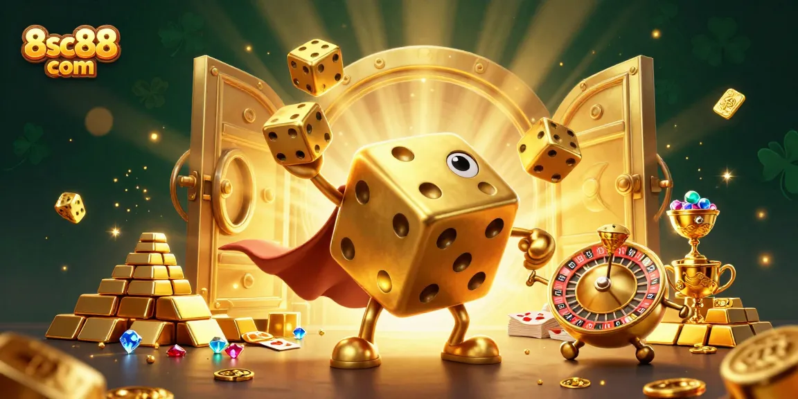 Experience the excitement of 8sc88 com with golden dice and jackpots in a rich casino-themed illustration.