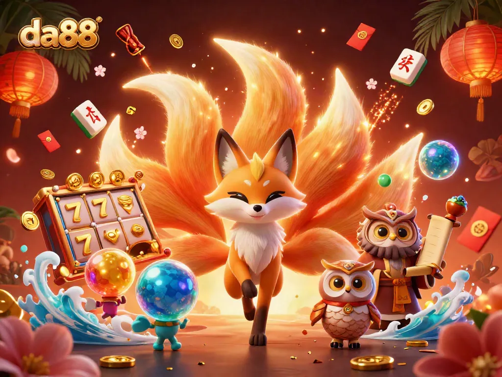 Experience exciting gaming at da88 with vibrant slots, glowing orbs, and festive decorations.