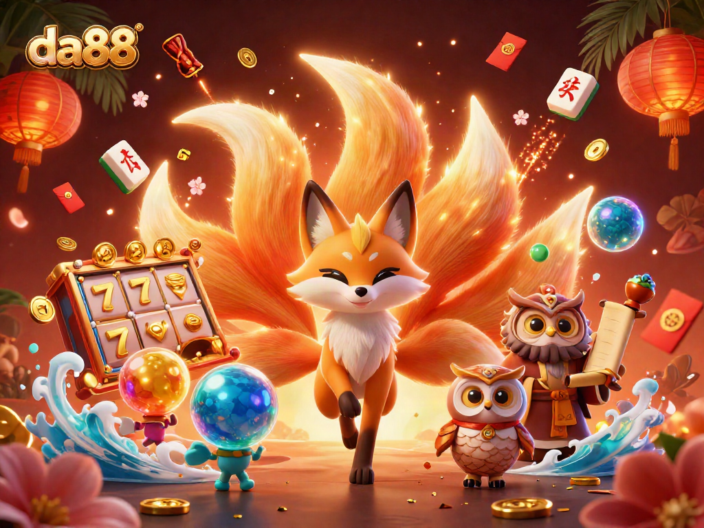 Experience exciting gaming at da88 with vibrant slots, glowing orbs, and festive decorations.