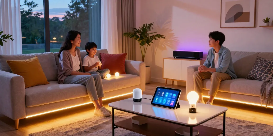 Iluminat ambiental cu aplica led în living modern, familie bucurându-se de căldura luminii LED.