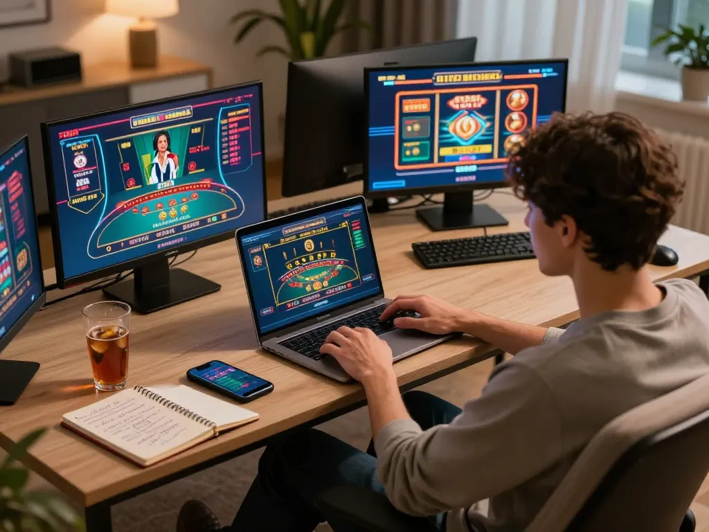 Engaging online gaming session on 98win trang chủ, showcasing player with laptop in a cozy atmosphere.
