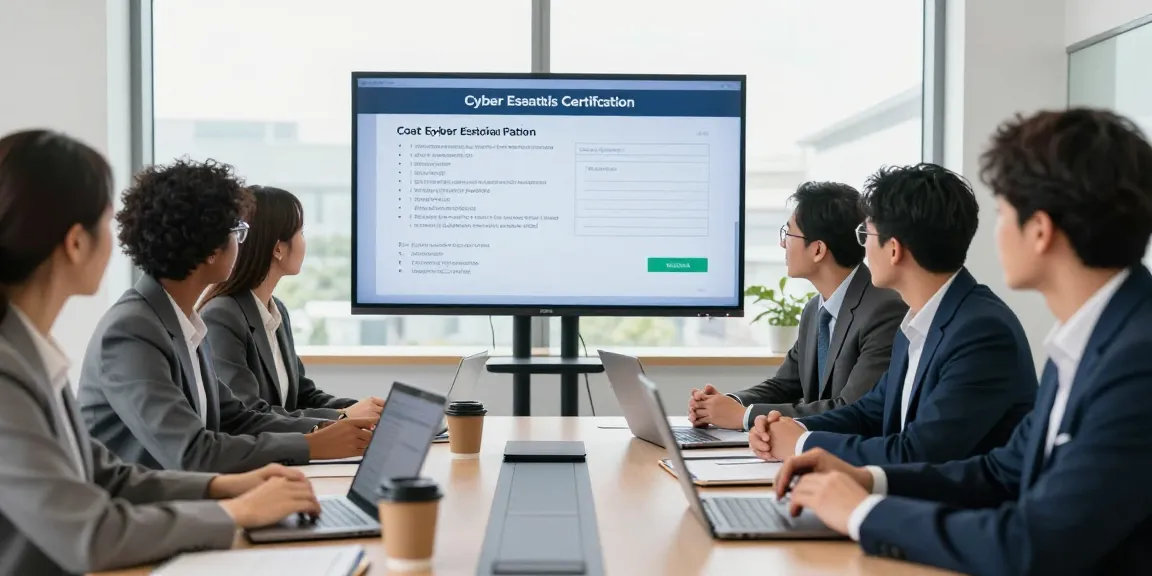 Cyber Essentials cost analysis discussion in a modern office setting with a diverse cybersecurity team.