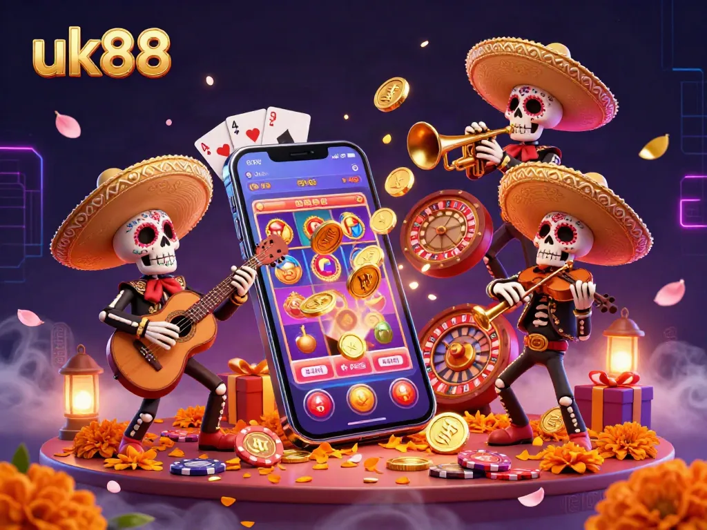 Experience the vibrant uk88 mariachi band with colorful slot games, gold coins, and casino elements.