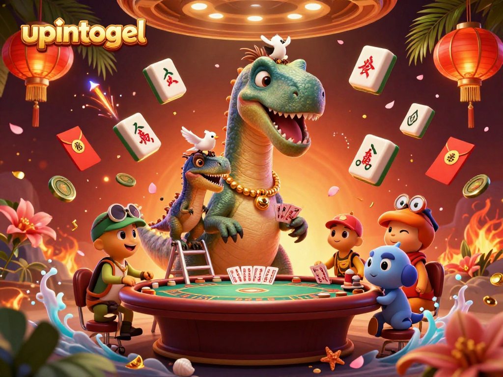 Engage in vibrant upintogel games as the towering brontosaurus peers over a bustling casino.