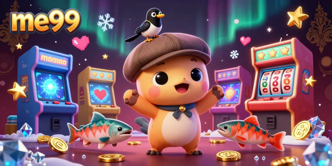 Play premium pokies at me99 with vibrant characters and dazzling casino elements in a captivating scene.