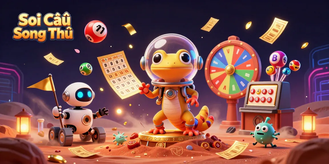 Soi Cầu Song Thủ lottery scene featuring a gecko, robot rover, and dynamic casino elements