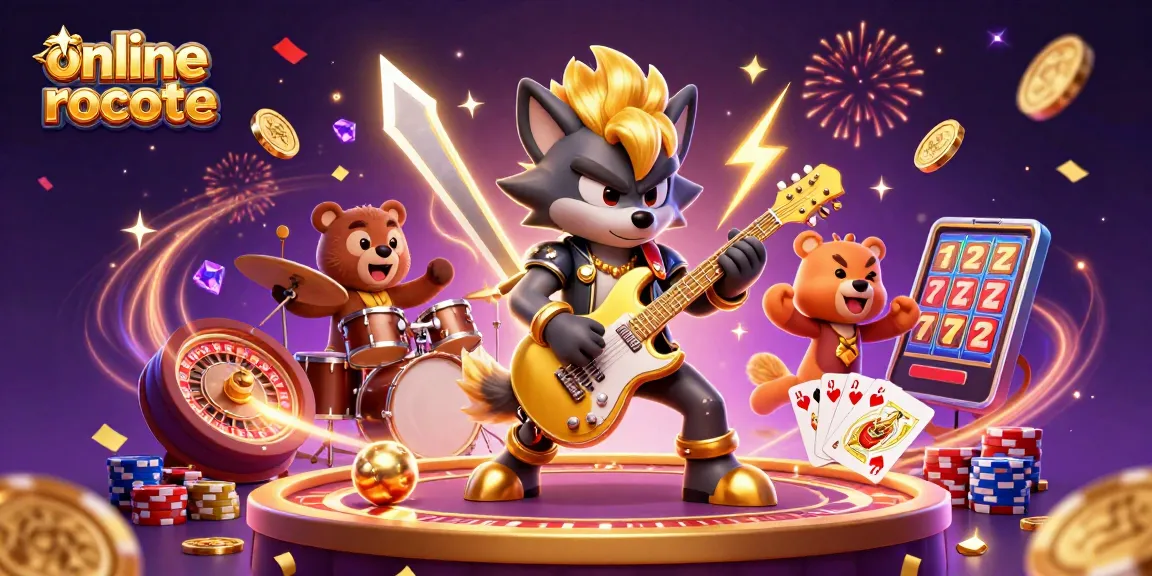 Experience online roulette excitement with a 3D rock star wolf and bear on stage, amidst vibrant casino action.