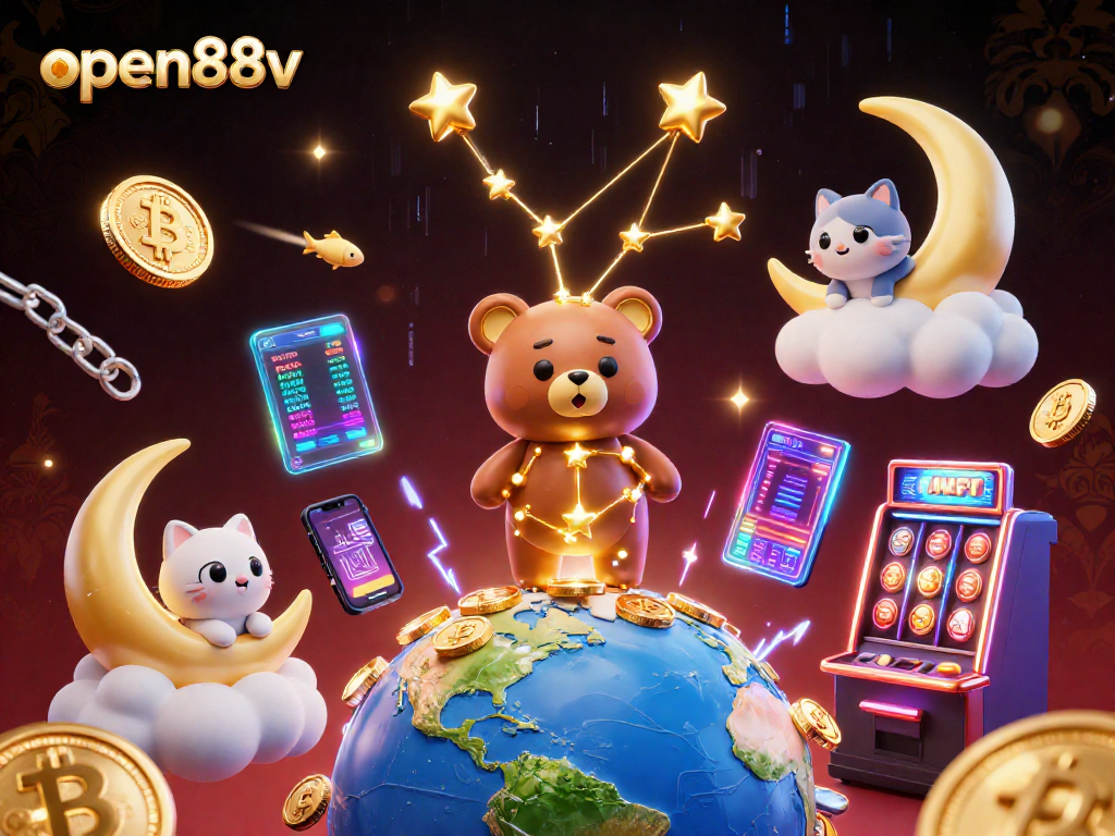Engage with open88v at an energetic casino scene featuring shooting stars and golden coins.
