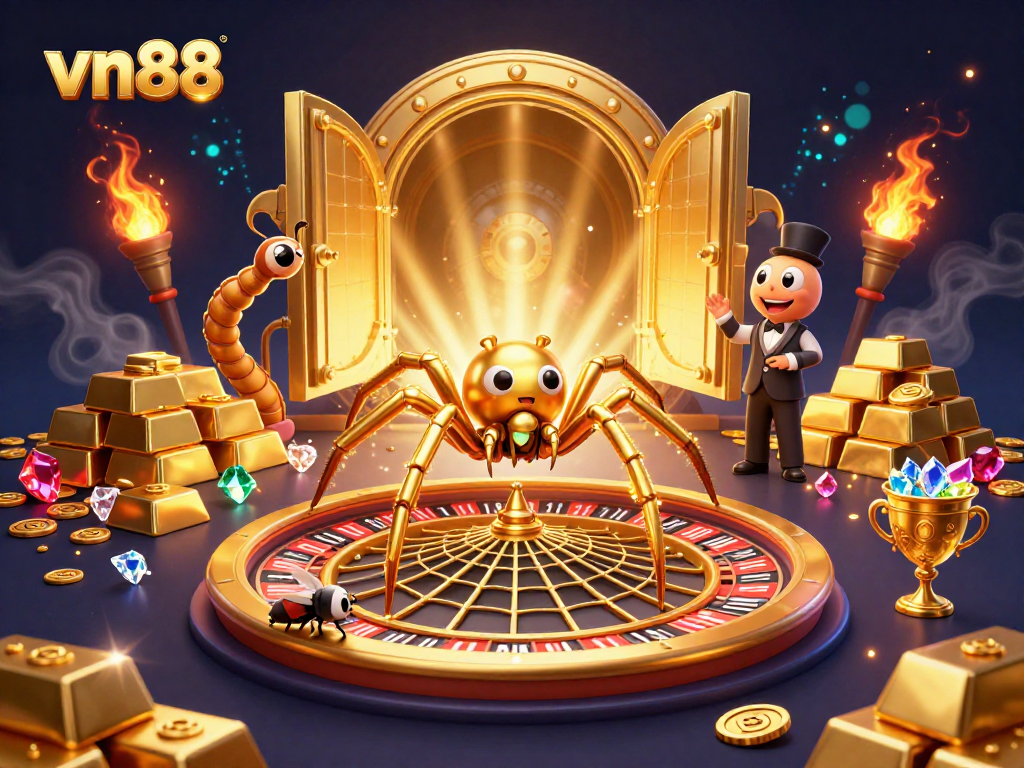 Engage with vn88's thrilling casino experience, featuring a spider dealer and a betting fly in a vibrant scene.