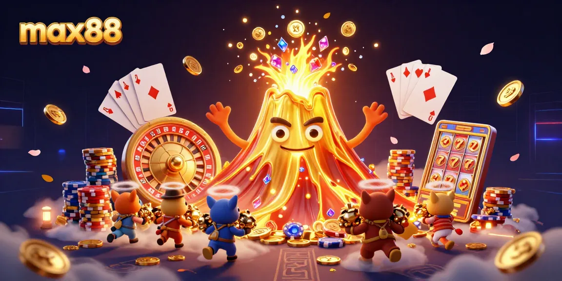Experience the excitement of max88 with a vibrant 3D casino scene filled with treasures and gaming elements.