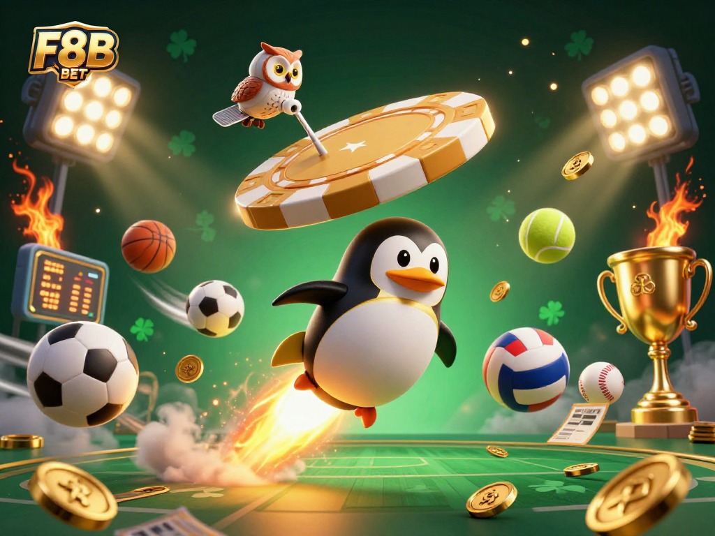 Experience the thrill of F8BET with dynamic games and engaging graphics in a vibrant casino-themed illustration.