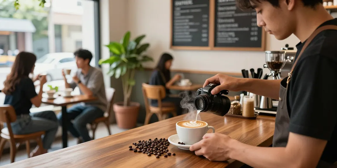 Experience the rich flavors of white coffee served in a cozy café with fresh coffee beans and latte art.