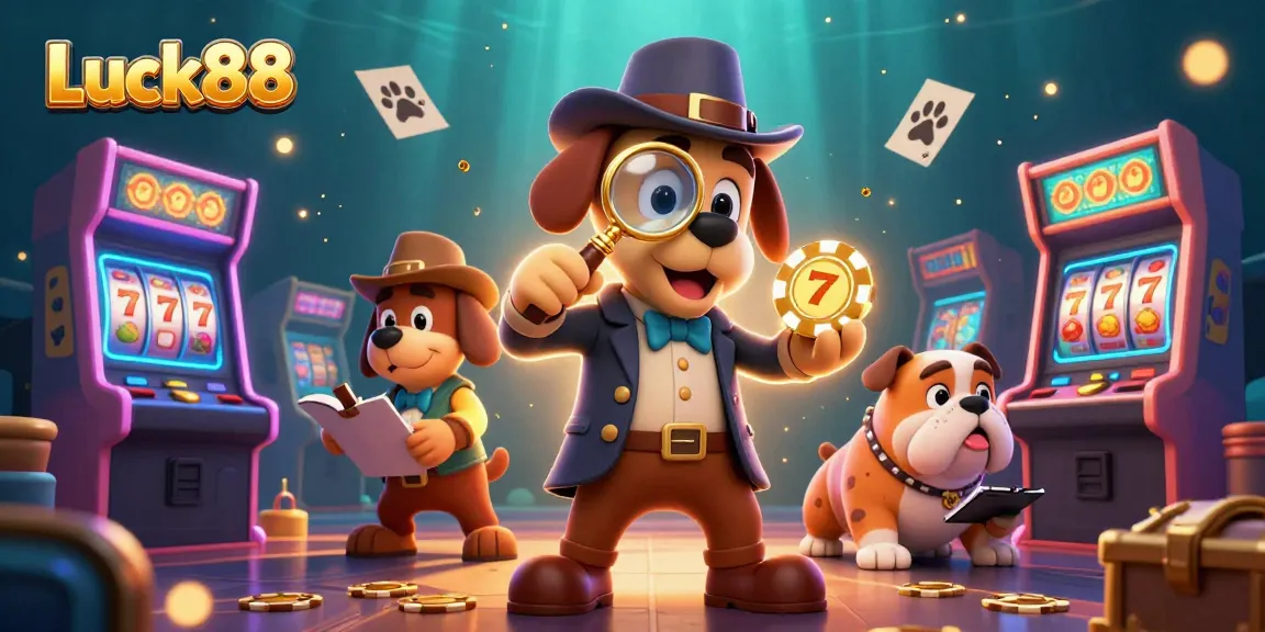 Engage with Luck88 slot excitement featuring a detective and dog amidst vibrant casino symbols.