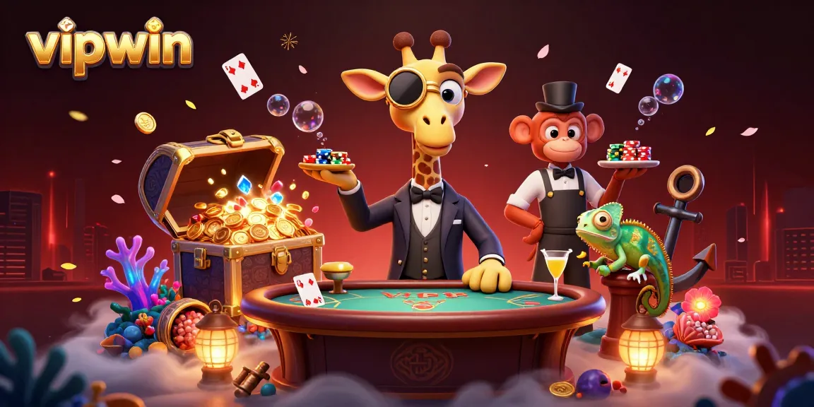 Experience the thrill of vipwin gaming with this vibrant 3D illustration of a giraffe at a poker table.