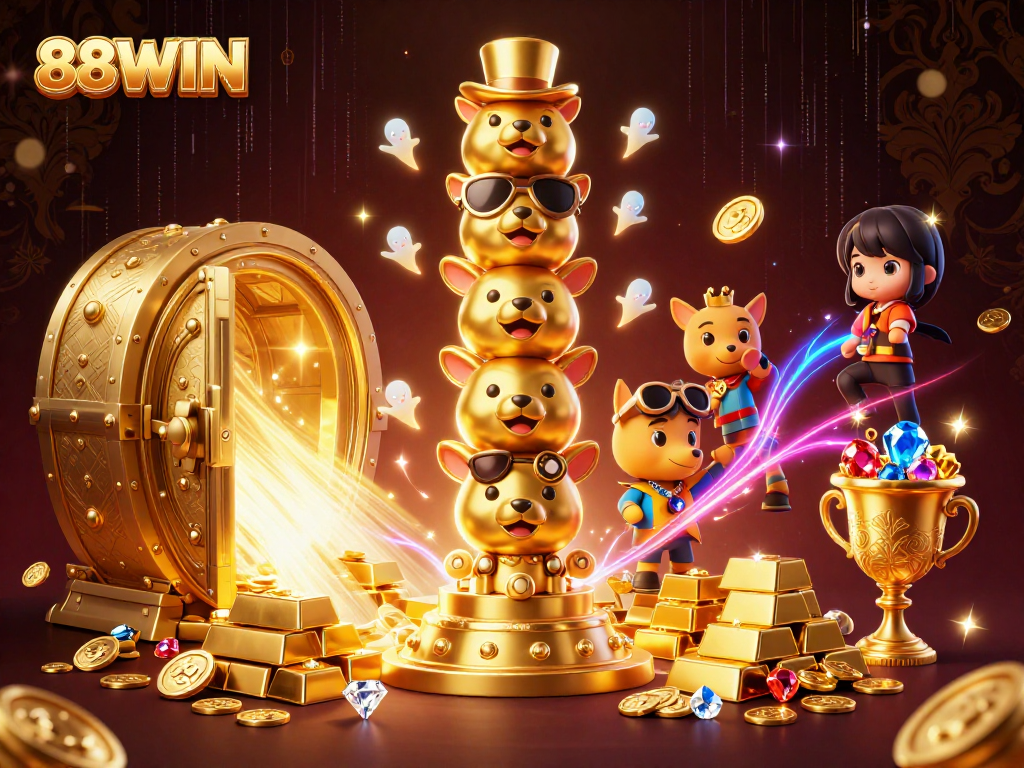 Bet on 88WIN with golden treasures and a vibrant casino atmosphere immersively illustrated.