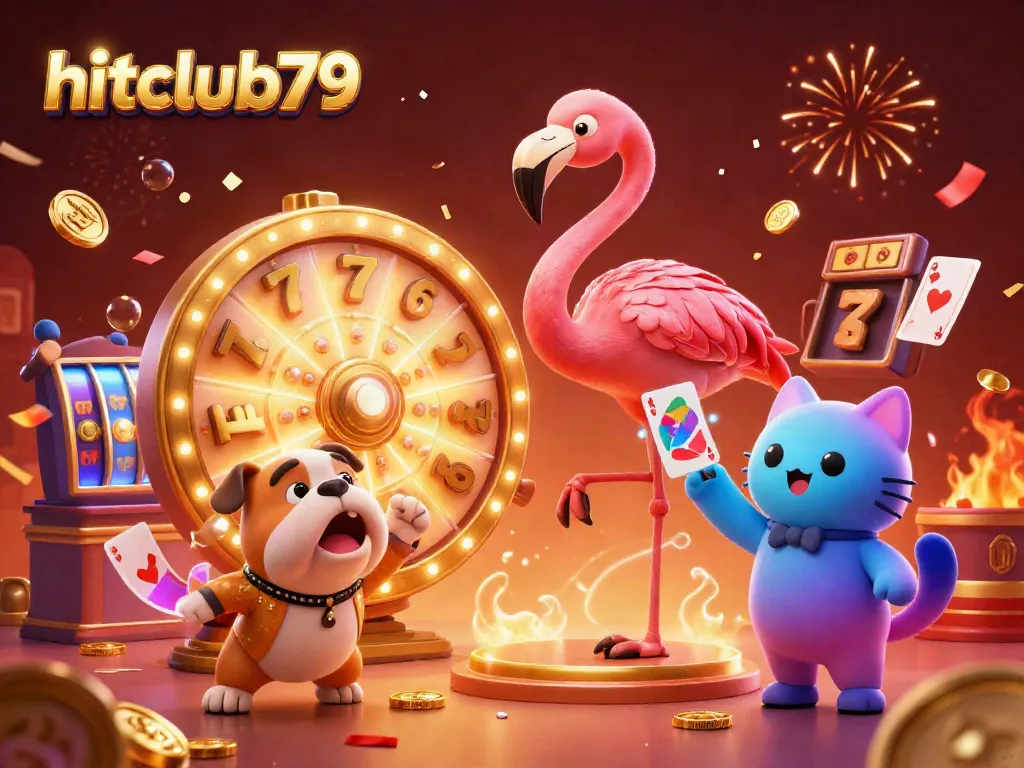 Spin to win at hitclub79 with a vibrant casino-themed illustration of a flamingo host and bulldog contestant celebrating a jackpot.