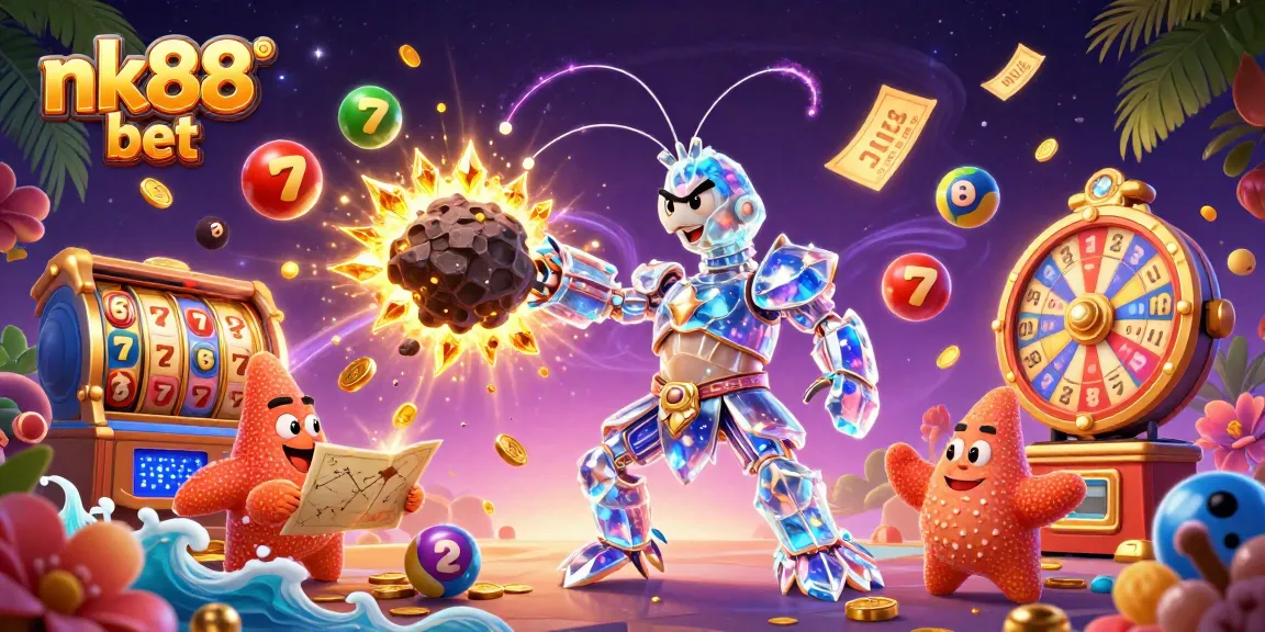 Experience the excitement of nk88 bet with a vibrant 3D casino scene showcasing golden gems and dynamic lottery elements.