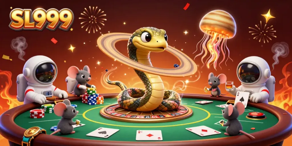 Experience the fun of gaming with SL999 as astronaut mice bet with casino elements on a cosmic roulette scene.