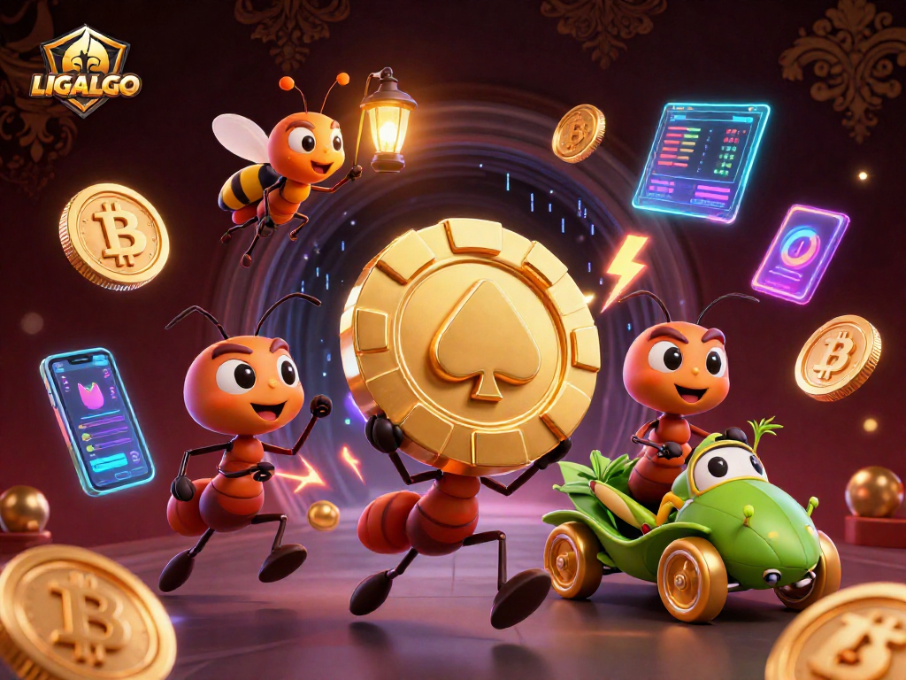 LIGALGO showcases an adventurous team of ants executing a heist with a giant poker chip, surrounded by vivid crypto and gambling-themed elements.