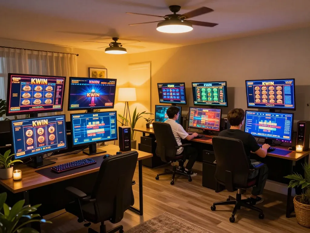 Player engaging with KWIN slots on multiple screens in a modern home gaming setup, highlighting online casino strategy.