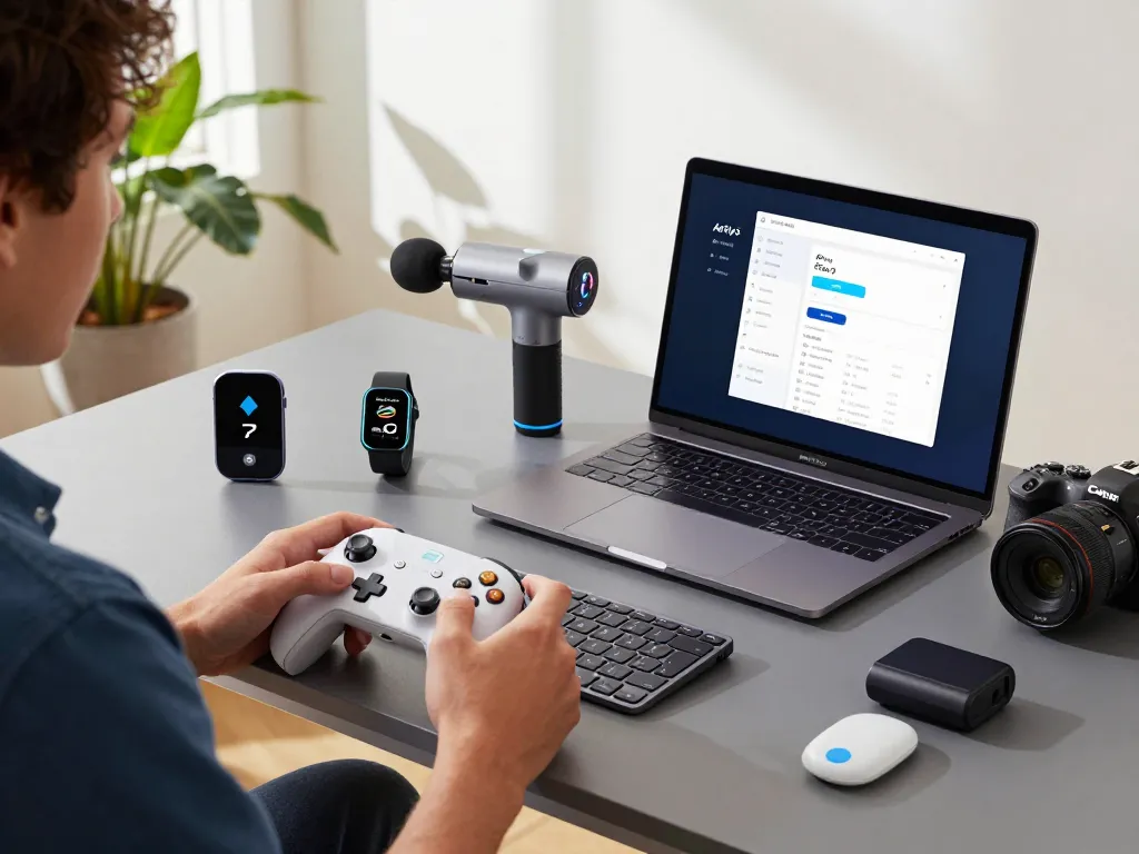 Discover affordable tech gadgets, featuring a workspace with Bluetooth devices like 8BitDo controllers, Fitbit, and massage gun.