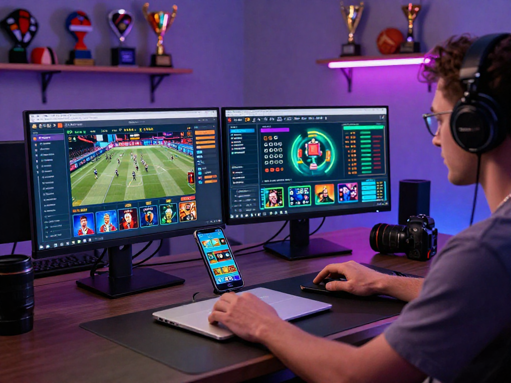 Dynamic scene of nhà cái debet betting setup with modern laptop and vibrant gaming ambiance.