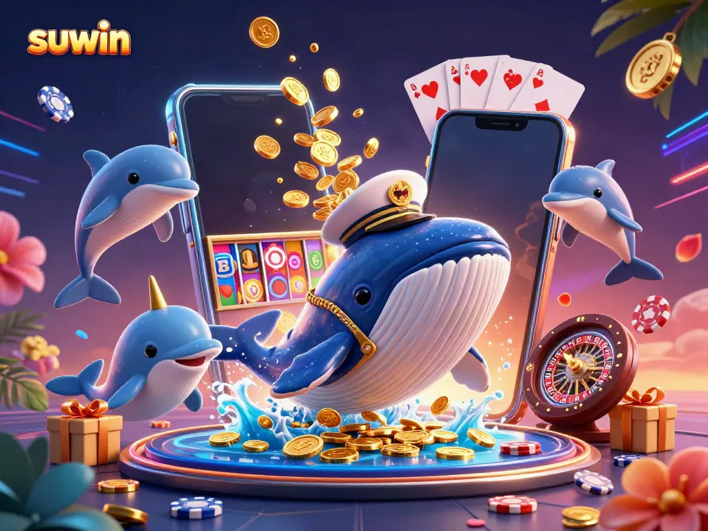 Engage with suwin's vibrant 3D casino scene featuring a cartoon whale, narwhal, and dolphins amidst golden coins and slot games.
