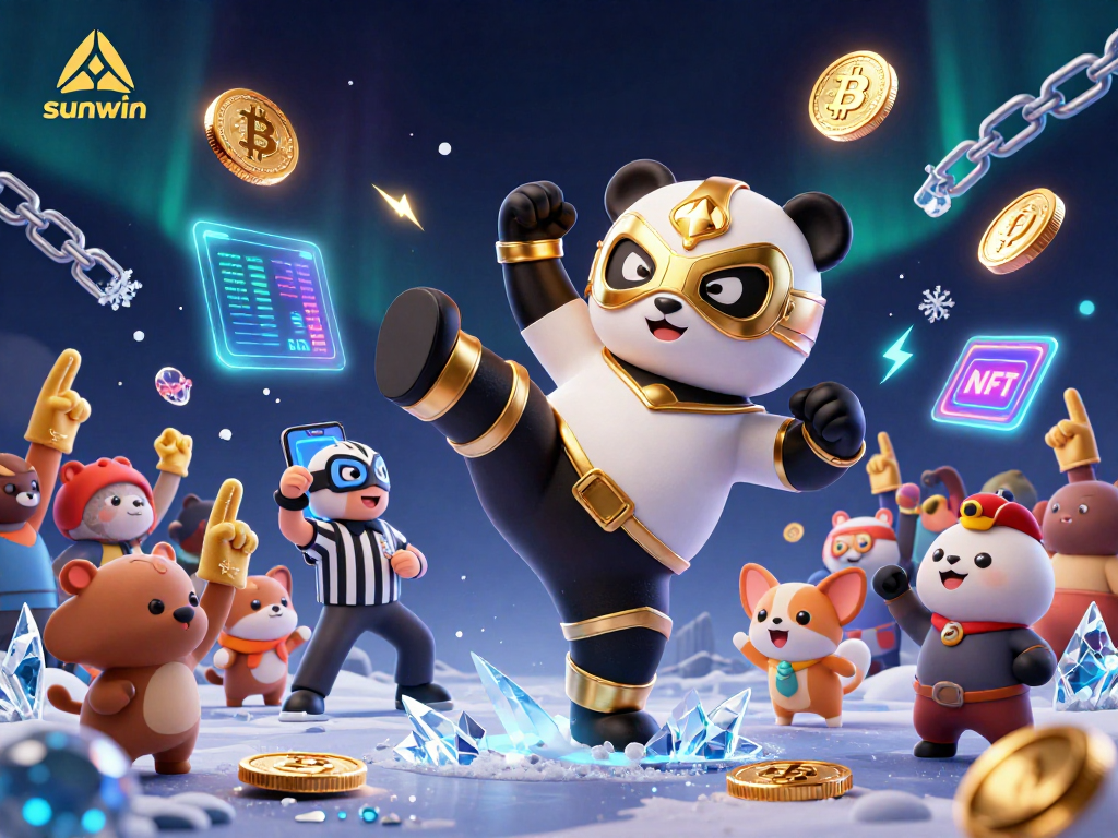 Engage with sunwin excitement as a panda wrestler kicks amid crypto coins in a vibrant casino scene.