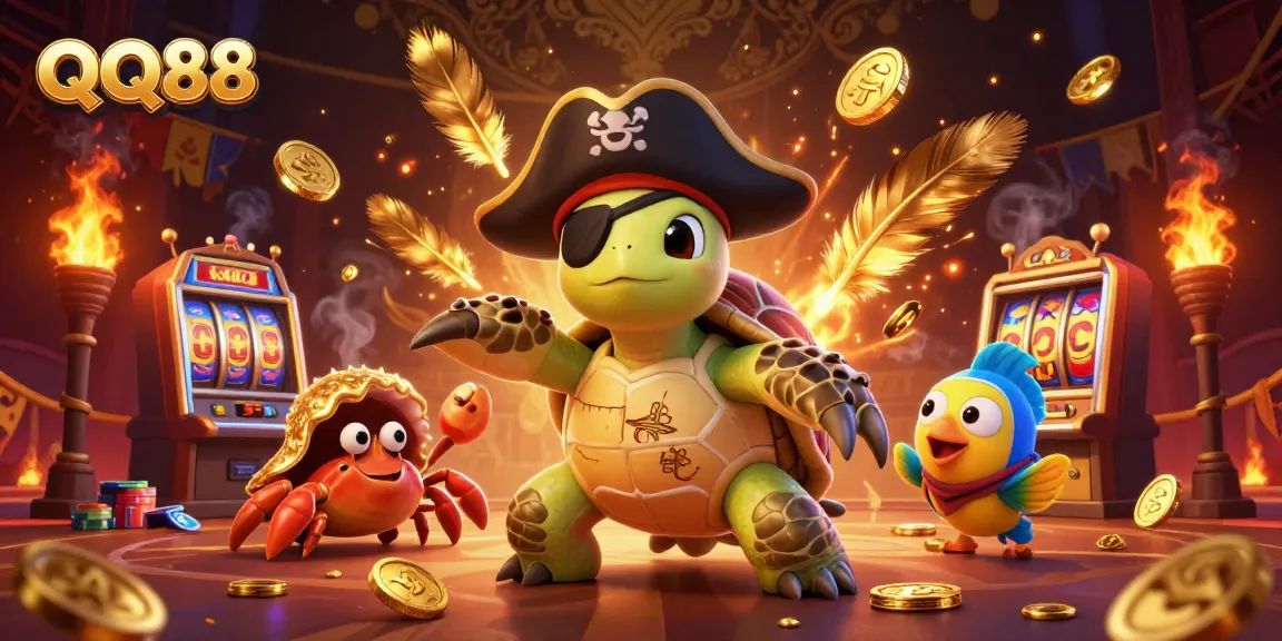 Engage with QQ88's dynamic gaming experience featuring a colorful 3D illustration of a pirate turtle and friends.