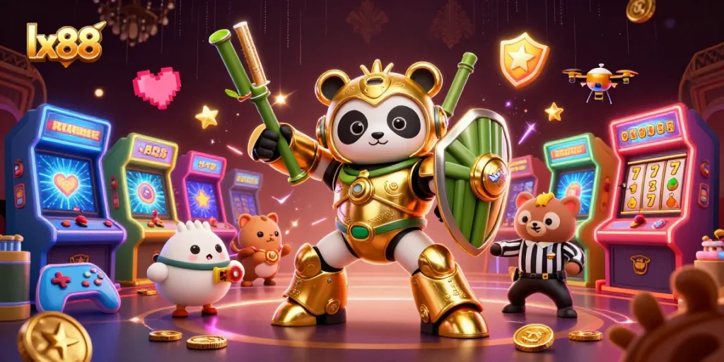 Experience exciting gaming action at lx88 with a vibrant 3D illustration of a panda in a mech-suit.