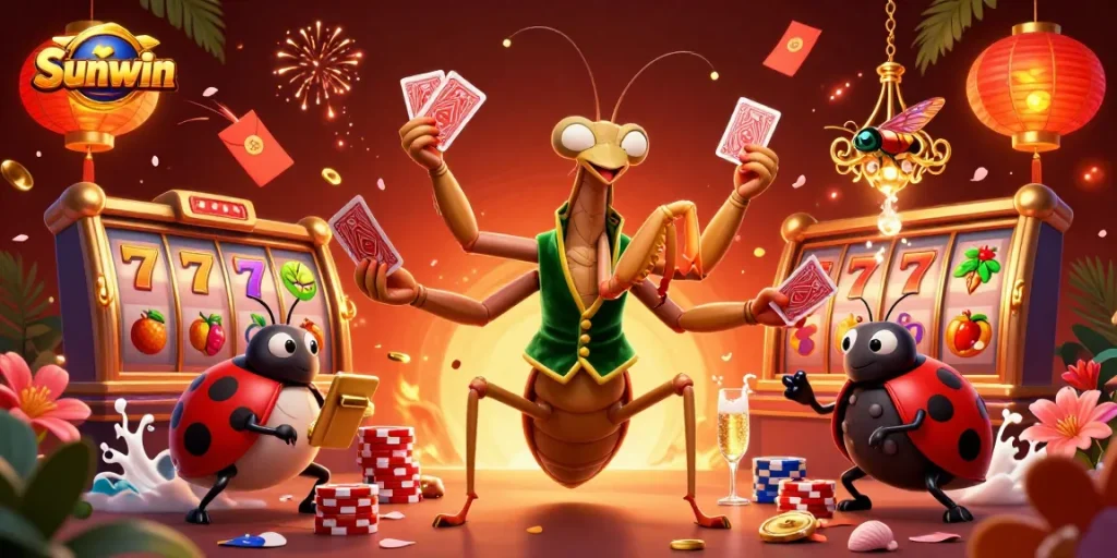 Sunwin showcases a 3D mantis card sharp and vibrant slot symbols in an exciting casino illustration.