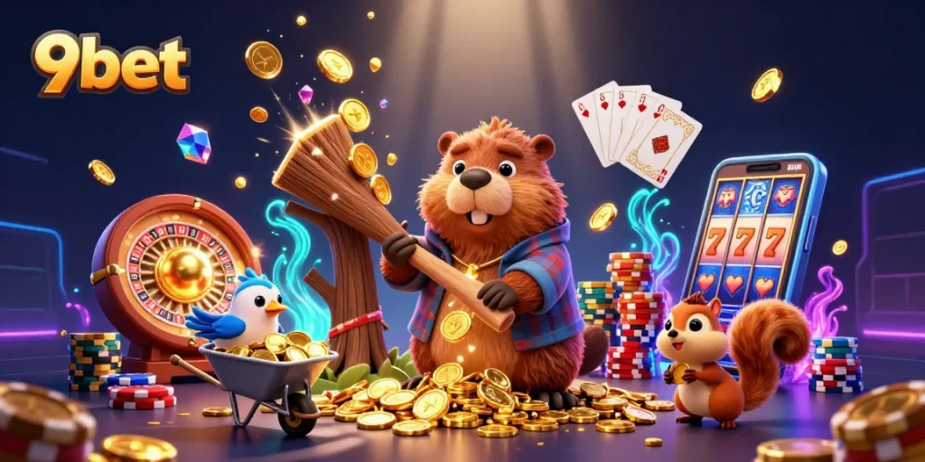 9bet showcases a vibrant, dynamic casino scene with cartoon characters celebrating big wins.