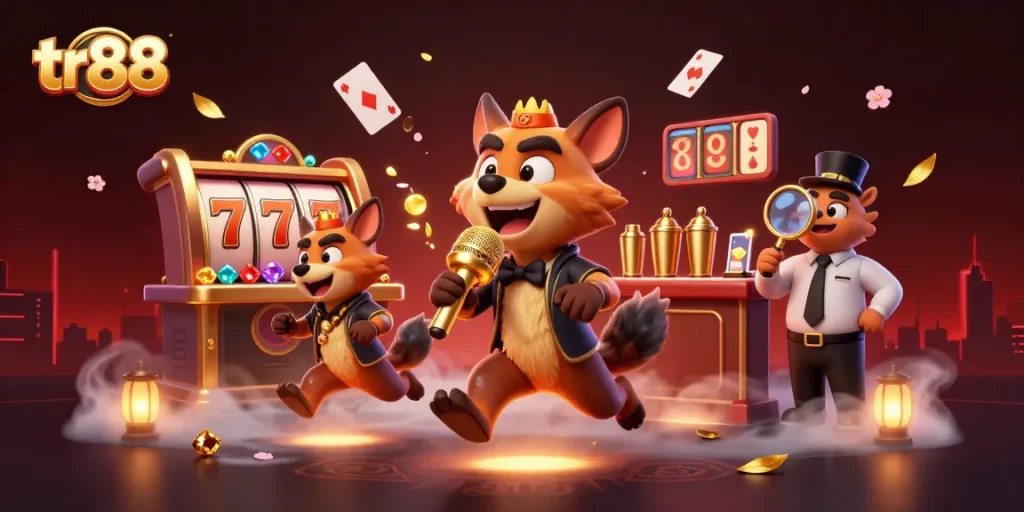 Spin to win at tr88's casino with hyenas enjoying slots and comedy in a vibrant atmosphere