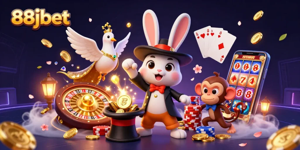Experience thrilling moments with 88jbet as the magician rabbit pulls coins in a vibrant casino scene.